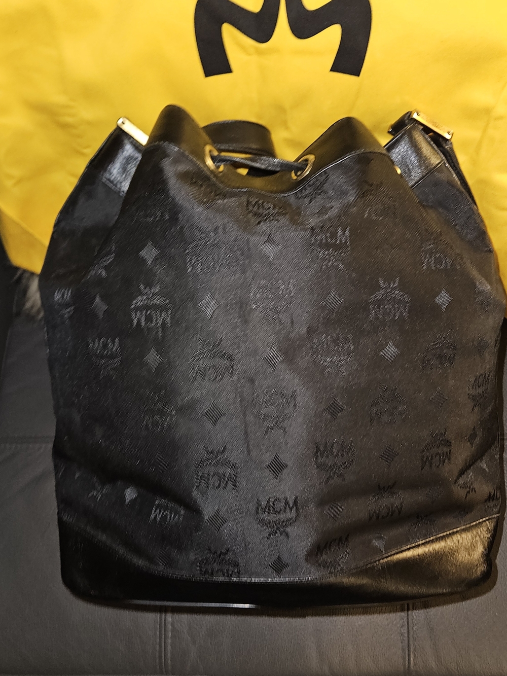 MCM Black Monogram Drawstring Bucket Shoulder Bag - Picture 3 of 5